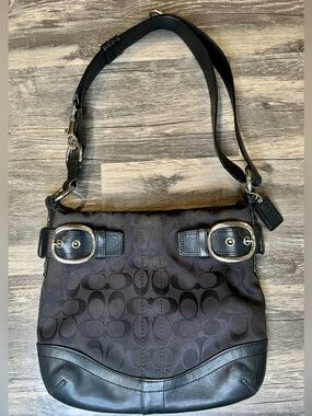 Coach 11755 Signature Black Jacquard Leather Buckle Shoulder Bag Purse